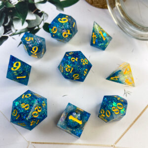 This bath-time set starts with liquid cores filled with blue glitter and mylar, faux pearls, and the cutest ducky glitter! The cores sit inside a shell of the sparkliest, blue glitter with clear resin windows to see your duckies spin by with each roll. Finished with yellow ink, these are a fun, unique set for your collection!